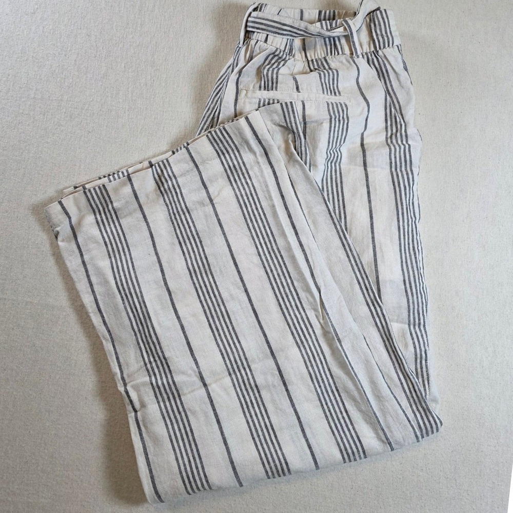 Old Navy Women Sz L Linen Blend Wide Leg Striped Tie Waist Pants Cream Grey Boho